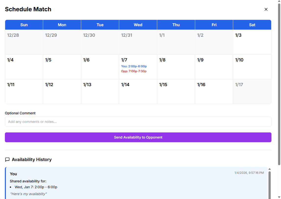 Match scheduling interface for pickleball flex leagues showing flexible calendar and opponent coordination